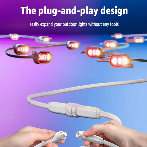 Hands connecting a Heavy Duty 10 Foot Extension Cord For Govee Prism Outdoor Lights with plug-and-play design