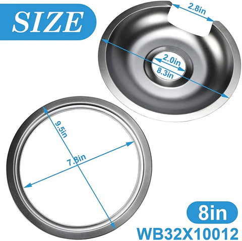 Go To Chrome Burner Drip Pan Set 4 Pack For 6 Inch And 8 Inch Electric Stove Tops Includes 2 Small 6 Inch Drip Pans And 2 Large 8 Inch Pans With Rings Replacement For WB32X10012 WB32X10013, showing size measurements of 8 inch pan and ring