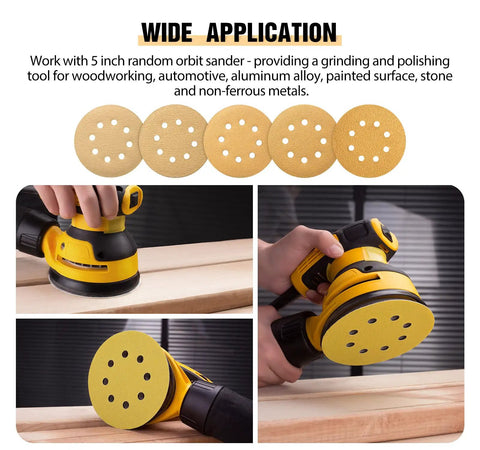 Pro Grade Five Inch Gold Sanding Discs Set 100 Pieces with 60 80 120 150 220 Grits for Orbital Sander Eight Hole Hook