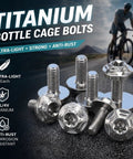 Dope Build Grade Five Titanium Bottle Cage Bolts M5 By 12 Millimeter T25 Torx Hella Lightweight Cycling Hardware Slick Bike 8 Pack Kit Built Tough Trail Ready, titanium screws on dark surface.