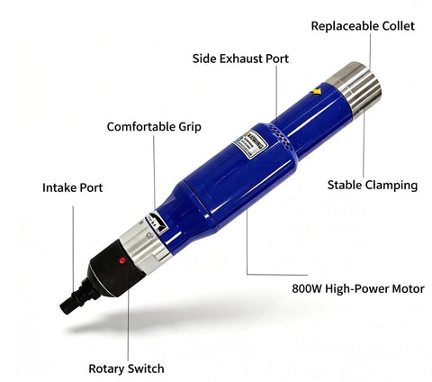 Heavy Duty Pneumatic Air Die Grinder 18000 Rpm With 1/4 Collet features an ergonomic grip and rotary switch.