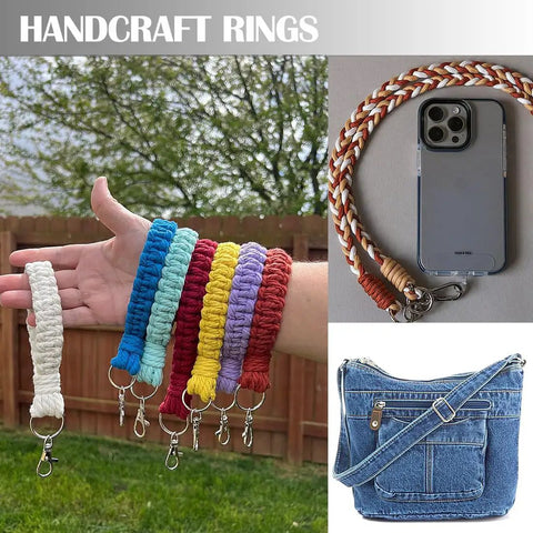 Colorful handcrafted rings with clips, showcasing various colors and uses for bags and phone accessories.