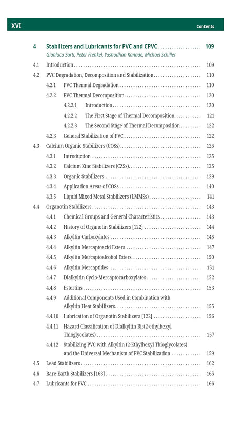 Table of contents page from Vinyl Chemistry Mastery Second Edition A Practical Handbook On PVC From Monomer Manufacture To Polymerization Stabilizers Lubricants Plasticizers Additives Processing Techniques And Real World Applications.