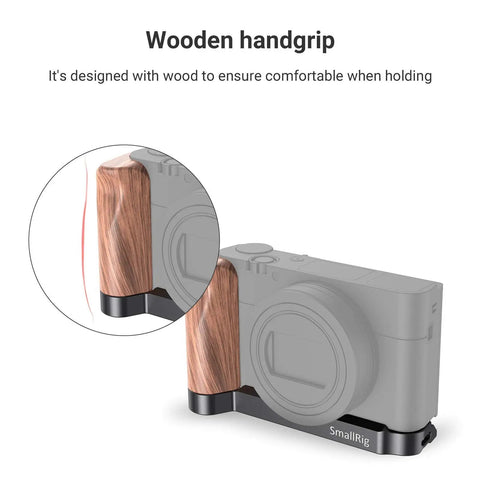 L Shape Bracket With Wooden Grip For Sony RX100 III IV V VA VI VII Cameras showing ergonomic wood handle design.