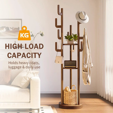 Rotating Coat Rack Freestanding Solid Wood Tree With 9 Hooks And 3 Shelves For Purses Bags Jackets Hats Corner Hanger Stand