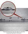 Close-up of Pro Grade Micro Adjustable Joinery Sled’s bearing guided lead screw for precise cuts, made in USA.