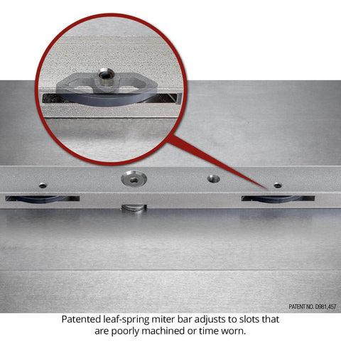 Close-up of Pro Grade Micro Adjustable Joinery Sled’s bearing guided lead screw for precise cuts, made in USA.