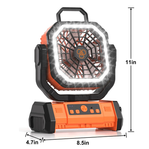 Cordless Camping Fan With 20000mAh Battery, LED Light, Remote, USB Powerbank, Oscillating Breeze, Bright Orange, 11x8.5x4.7 inches