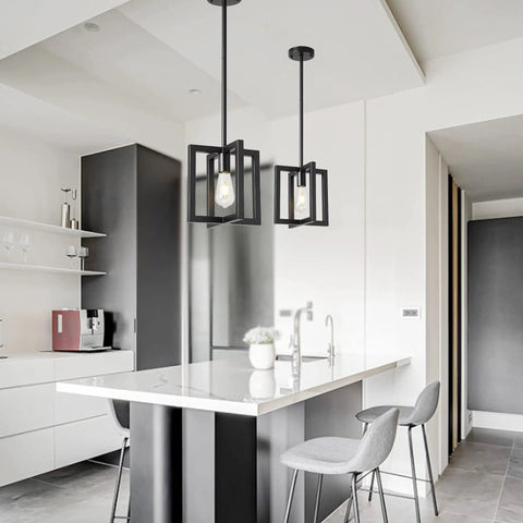 37.5 Inch Black Industrial Pendant Chandelier For Dining Room And Kitchen Island, 6 Light E26 Fixture With Dope Sleek Modern Rustic Open Frame And Matte Black Finish hanging over kitchen island