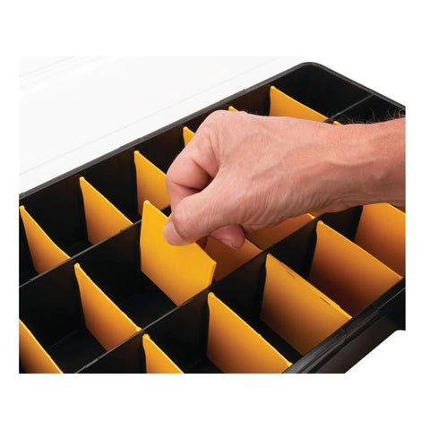 Hand adjusting dividers in 26 Adjustable Compartment Hardware Organizer Box With Dividers Durable Plastic Screw Storage Case.