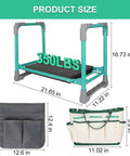 2-In-1 Garden Kneeler And Seat Foldable Bench With Non-Slip EVA Foam Pad Storage Pouches Glove Included Portable Gardening Stool For Kneeling Or Sitting No-Fuss Helper For Gardeners Patios And Fishing with size dimensions and weight capacity displayed.