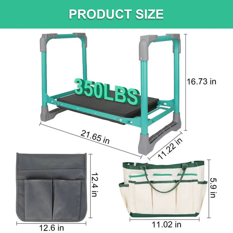 2-In-1 Garden Kneeler And Seat Foldable Bench With Non-Slip EVA Foam Pad Storage Pouches Glove Included Portable Gardening Stool For Kneeling Or Sitting No-Fuss Helper For Gardeners Patios And Fishing with size dimensions and weight capacity displayed.
