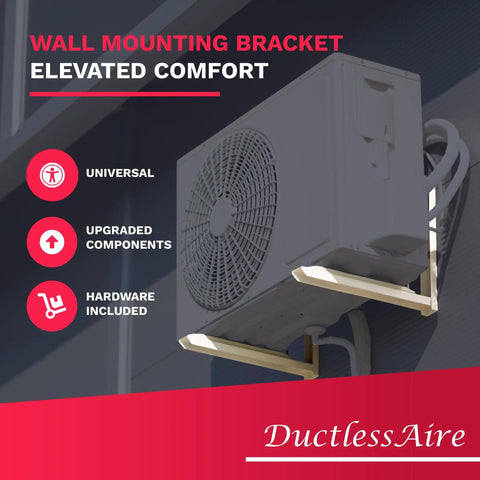 Outdoor Wall Mount Bracket For Mini Splits 9000 To 36000 BTU shown supporting a mini split unit on a wall with installation details