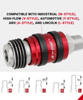 Close-up of Heavy Duty Five In One Universal Safety Exhaust Quick Connect Industrial Coupler with red and silver detail.