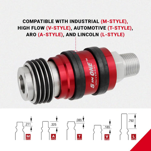 Close-up of Heavy Duty Five In One Universal Safety Exhaust Quick Connect Industrial Coupler with red and silver detail.