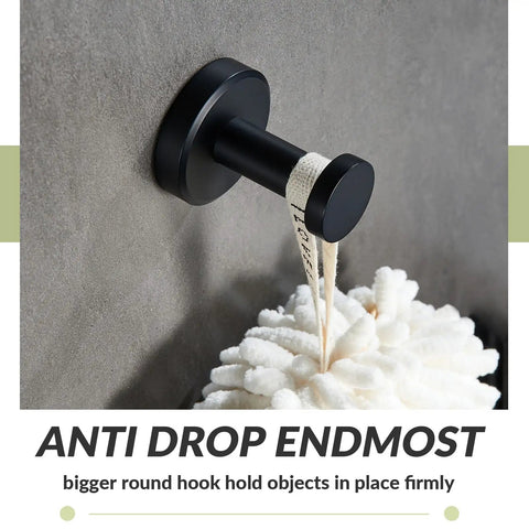 Matte Black Robe Towel Hook With 11 Lb Capacity 304 Stainless Steel Round Heavy Duty Coat Hook For Home Storage Wall Mount Secure End Hook Space Saving Bath Organizer holding towel