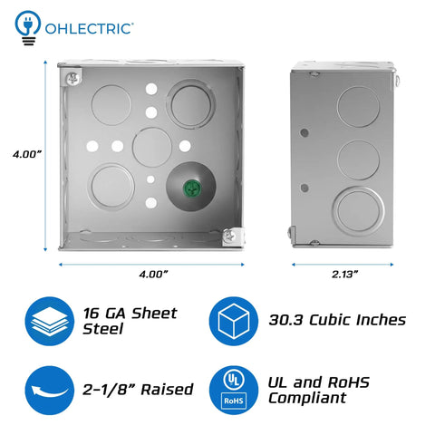 Heavy Duty 4 By 4 Welded Metal Electrical Junction Box Ten Pack With Two And One Eighth Inch Depth Thirty Point Three Cu In Capacity Sixteen Knockouts Including Ten Half Inch And Six Three Quarter Inch Grounded Galvanized Steel Utility Box Enclosure front and side view