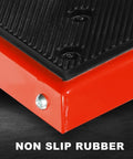 Close-up of red powder-coated steel base with non-slip rubber of the Universal Dirt Bike Stand Lift With 1000 Lb Capacity Removable Maintenance Jack For Dirt Bikes And Motocross.