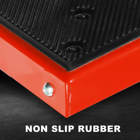 Close-up of red powder-coated steel base with non-slip rubber of the Universal Dirt Bike Stand Lift With 1000 Lb Capacity Removable Maintenance Jack For Dirt Bikes And Motocross.