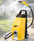 Heavy Duty Commercial Steam Cleaner With 3.5L Tank And 110 Degrees Continuous High Temp Output Ideal For Auto Detailing, Range Hoods, Restaurant Grease Removal, Hotel Cleaning And Home Appliance Maintenance Yellow shown outdoors in use with steam.