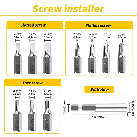 Screw installer bits including slotted, Phillips, Torx, and bit holder from 33 Piece Screw Extractor And Bolt Remover Kit With HSS Drill Bits Magnetic Extension Bit Holder Easy Out Removers Stripped Screw Solver And Storage Case