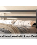 Heavy Duty Metal Platform Bed Frame With Attached Headboard And Dead Silent Construction In Premium Matte Black Finish, featuring sleek metal headboard with lines design.