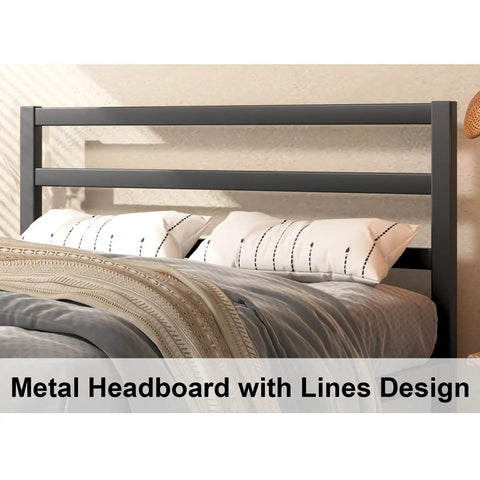 Heavy Duty Metal Platform Bed Frame With Attached Headboard And Dead Silent Construction In Premium Matte Black Finish, featuring sleek metal headboard with lines design.