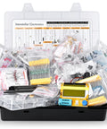 Electronic Component Kit With Resistors Capacitors Inductors Diodes Transistors Potentiometers ICs LEDs PCBs And LCR Tester 2200 Piece Assortment For DIY Electronics Projects Makers And Pro Hobbyists contents displayed in a plastic case