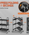 Foldable 3 Tier Rolling Tool Cart On Wheels With 330 Lb Capacity, Heavy Duty Tool Chest Organizer, Shelf And Cabinet For Garage, Shop, Warehouse, Portable Black folded and unfolded with handle lock detail