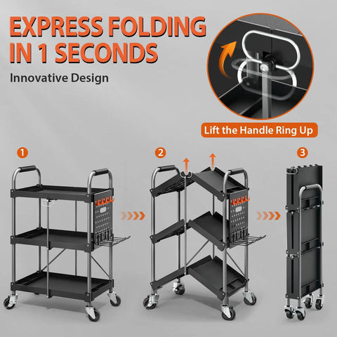 Foldable 3 Tier Rolling Tool Cart On Wheels With 330 Lb Capacity, Heavy Duty Tool Chest Organizer, Shelf And Cabinet For Garage, Shop, Warehouse, Portable Black folded and unfolded with handle lock detail