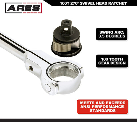 Close-up of 100 Tooth Swivel Head Ratchet Set for Heavy Duty Jobs with chrome vanadium steel and gear design details.