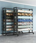Heavy Duty Mobile Fabric Roll Storage Rack On Casters, Adjustable 18 Rod Organizer For Vinyl Leather And Window Film, Built Tough To Store Every Big Roll Secure, displaying colorful fabric rolls.