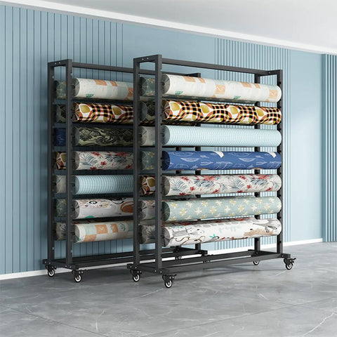 Heavy Duty Mobile Fabric Roll Storage Rack On Casters, Adjustable 18 Rod Organizer For Vinyl Leather And Window Film, Built Tough To Store Every Big Roll Secure, displaying colorful fabric rolls.