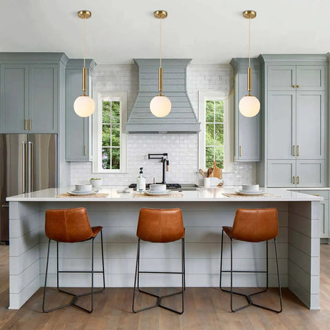 Modern Globe Pendant Light For Kitchen Island White Milk Glass With Brass Finish Frosted Hanging Light over kitchen island