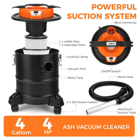 Heavy Duty Ash Vacuum For Pellet Stoves With Blower Function, 3.3 Gallon Corded Vacuum Cleaner with parts labeled