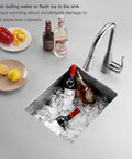 Undermount 13x15 Inch Single Bowl Kitchen Sink in Premium 304 Stainless Steel with ice and bottles, 8 Inch Deep Basin.