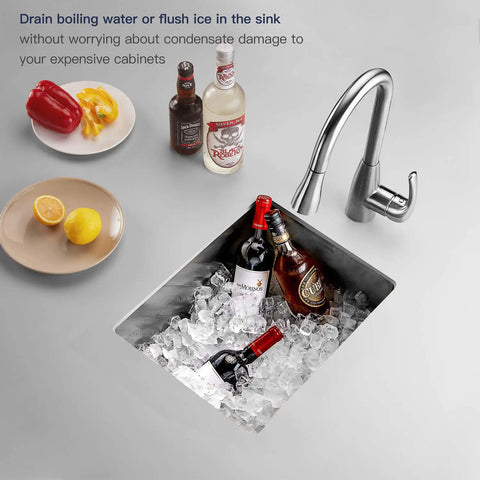 Undermount 13x15 Inch Single Bowl Kitchen Sink in Premium 304 Stainless Steel with ice and bottles, 8 Inch Deep Basin.