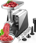 Heavy Duty Electric Meat Grinder 2800W Sausage Stuffer with three plates, grinding meat into a bowl with veggies for home kitchen use.