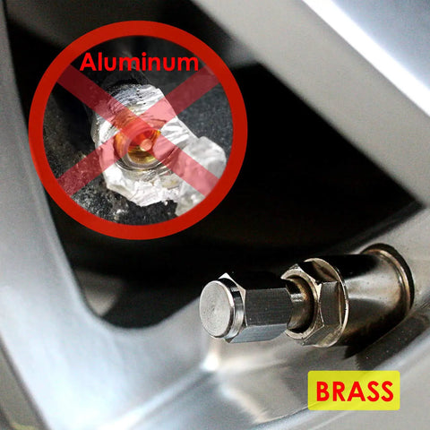Close-up of brass tire valve cap on wheel, Eight Pack Silver Metal Tire Valve Caps With Rubber Seal Dust Proof Covers Universal