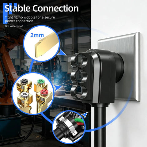 Heavy Duty 60 Amp Male Plug NEMA 14 60P Straight Blade Right Angle Connector With A Slick Comfort Grip attached securely.