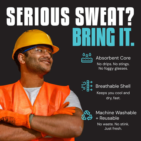 Worker in hard hat with Extreme Sweat Absorbing Hard Hat Liner Sweatband With Quick Dry Cooling for helmets and comfort.