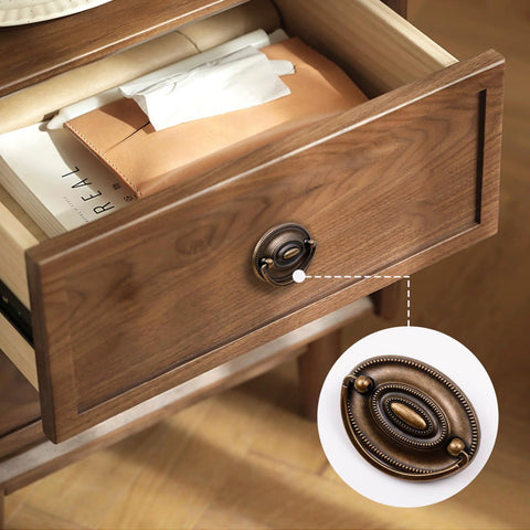 4 Pcs Antique Brass Bail Drawer Pulls Oval Drop Swing Handles For Dresser And Cabinet installed on wooden drawer