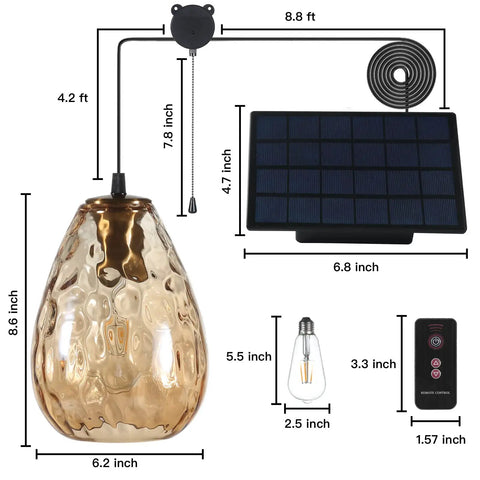 Lit Solar Pendant Lights With Amber Hammered Glass Shade And Edison Bulb Vibe Indoor Outdoor Glass Pendant Fixture with dimensions