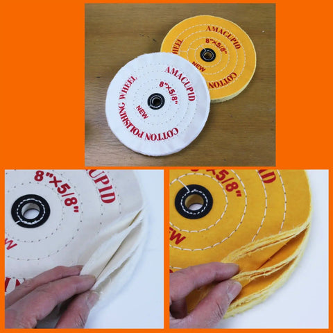 Eight Inch Cotton Buffing Wheel Kit For Bench Grinders And Polishing Tools With Five Eighths Inch Arbor for smooth jewelry finish.