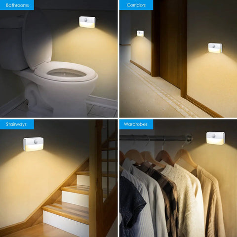 4 Pack Mini Motion Sensor Stair Lights Battery Powered Cordless LED Night Lights No Wires Easy Install 40 Lumens 3000K For Stairs Hallways Bathrooms Kitchens Cabinets Auto On When Motion Detected Up To 16 Feet