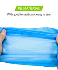 Hands stretching a blue disposable shoe cover showing durability. Text: 'PE Material, With good tenacity, not easy to tear'. Product: Disposable Shoe Covers Booties 100 Pack (50 Pairs) Waterproof Non Slip Indoor Foot Protectors For Home, Work, And DIY Painting One Size Fits All Durable CPE Materials.