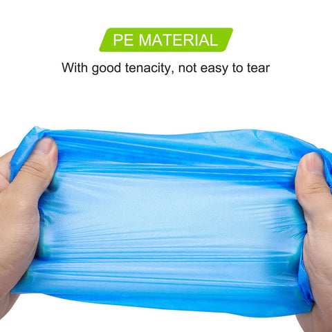 Hands stretching a blue disposable shoe cover showing durability. Text: 'PE Material, With good tenacity, not easy to tear'. Product: Disposable Shoe Covers Booties 100 Pack (50 Pairs) Waterproof Non Slip Indoor Foot Protectors For Home, Work, And DIY Painting One Size Fits All Durable CPE Materials.