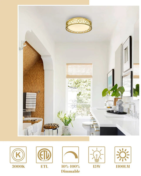 Modern bathroom with Sleek Dope 12 Inch LED Flush Mount Ceiling Light With Gold Finish And White Glass Shade, 15W Low Energy.