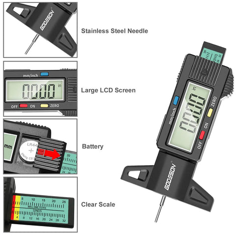 Digital Tire Tread Depth Gauge With Color Coded Bar For Cars Trucks And Motorcycles, Easy Read 0 To 1 Inch (0 To 25.4mm) Precision Up To 0.01mm, Zero It Anywhere, A Must Have Auto Maintenance Tool For Safe Smooth Rides