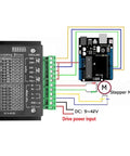 Front view of DaFuRui TB6600 stepper motor driver module with green terminal block and wiring to a microcontroller board